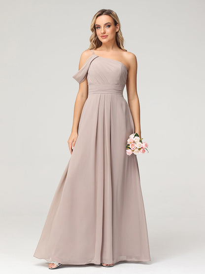 One Shoulder Chiffon Long Bridesmaid Gowns-Taupe