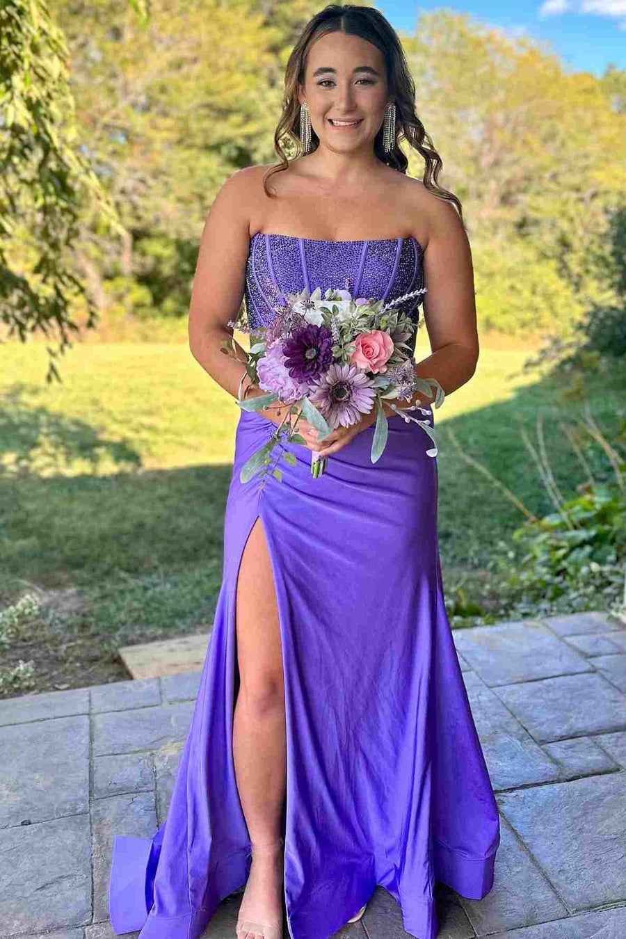 Mermaid Black Satin Strapless Slit Prom Dresses