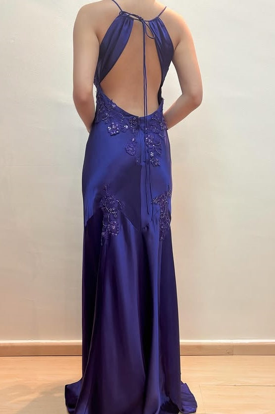 Green V-Neck Appliques Satin Mermaid Party Dress Open Back Evening Gowns