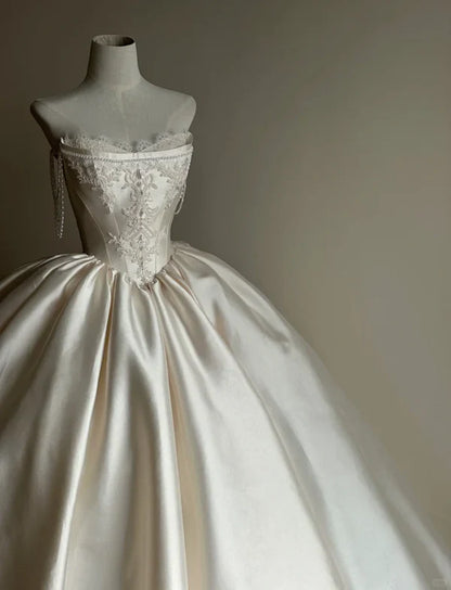 Girlhomeshops-White satin long elegant tulle wedding prom dress gh5435