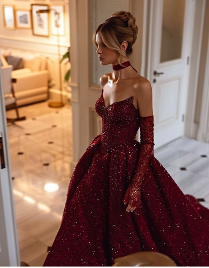 Burgundy shiny sexy Sequins elegant sweetheart neckline Long slit ball gown evening dress with gloves gh3134