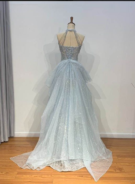 Light blue elegant gorgeous exquisite beaded long Tulle shining ball gown evening dress wedding dress gh4353