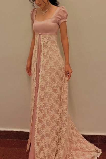 girlhomeshops-Pink short-sleeved lace retro elegant long prom dress gh5758
