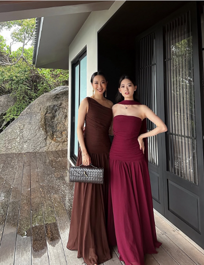 Elegant Burgundy Mermaid Strapless Chiffon Long Prom Dress Evening Dress cc4925