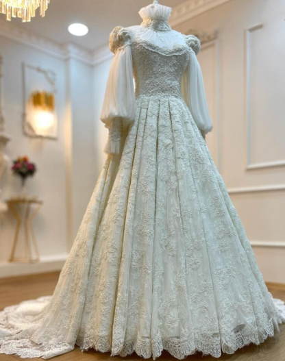 Vintage Leg-of-Mutton Sleeve Lace Tulle Train Gown | Edwardian Style High-Neck Ballgown Maxi Dress for Wedding Bridal Gala Ball gh6409