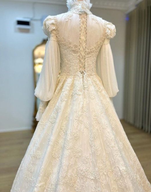 Vintage Leg-of-Mutton Sleeve Lace Tulle Train Gown | Edwardian Style High-Neck Ballgown Maxi Dress for Wedding Bridal Gala Ball gh6409