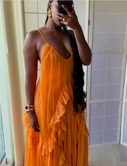 Sexy Orange Chiffon Ruffles Evening Dress Long Prom Party Gown cc2521