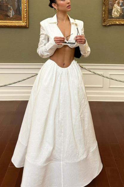 Chic Luxury Edgy Style Cutout Set Dress | White Shirt-Style Bandeau + Ballgown Maxi Skirt for Art Exhibition Gala Luxury Social Outfit gh6437
