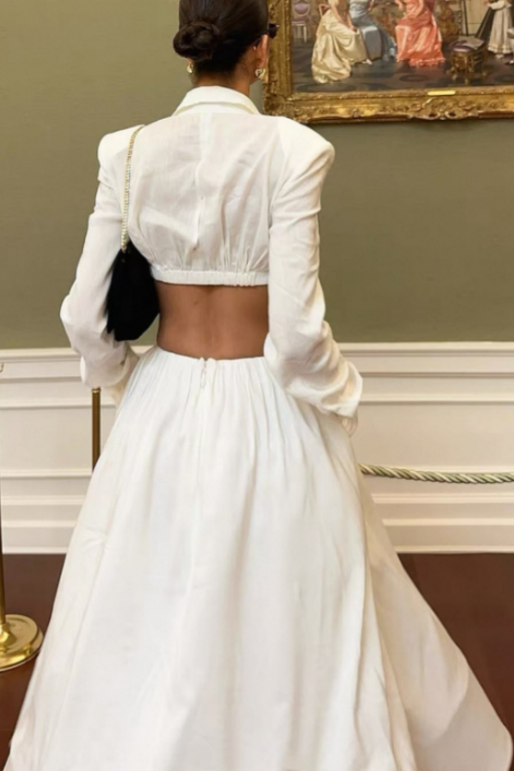 Chic Luxury Edgy Style Cutout Set Dress | White Shirt-Style Bandeau + Ballgown Maxi Skirt for Art Exhibition Gala Luxury Social Outfit gh6437