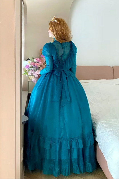 Peacock Blue Tulle High Neck Long Sleeve Tiered Floor-length Ballgown Victorian Retro Party·Evening Dress gh6740