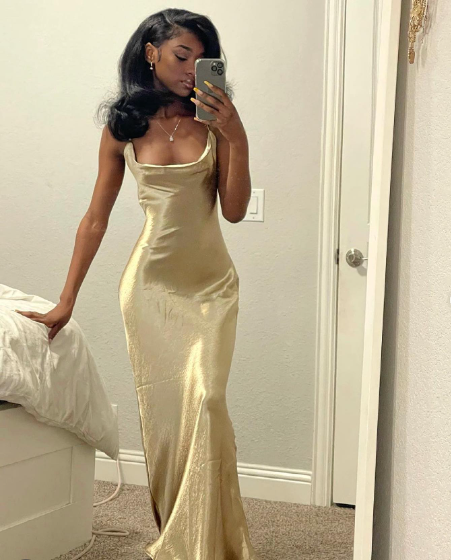 Mermaid Spaghetti Straps Long Prom Dress Gold Charming Evening Dress Black Girls Prom Dress cc401