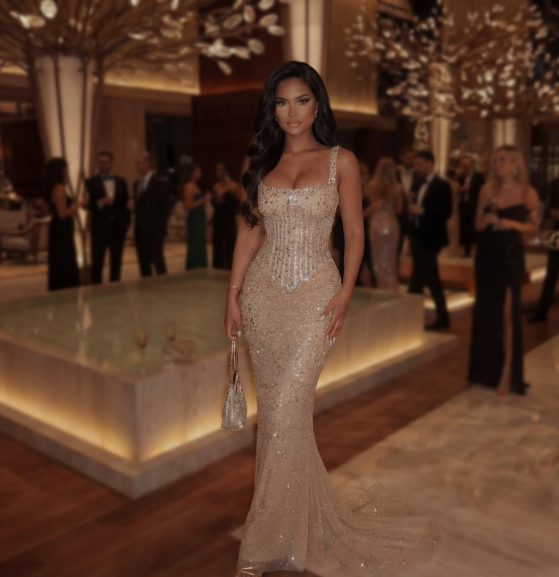 Luxurious Champagne Gold Mermaid Square Neck Sequined Prom Dress Evening Dress cc5117