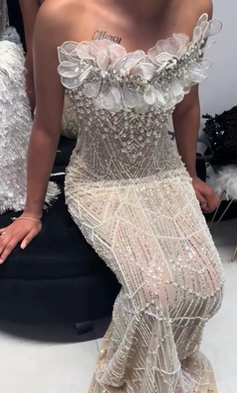Luxurious Champagne Gold Strapless 3D Floral Beaded Sequin Tulle Train Long Prom Dress Evening Dress cc5576