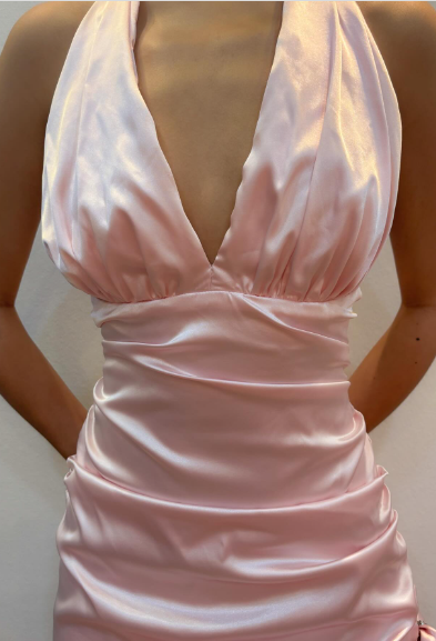 Sweet Pink Halter V-Neck Bow Ruffle Satin Prom Prom Birthday Dress cc5619