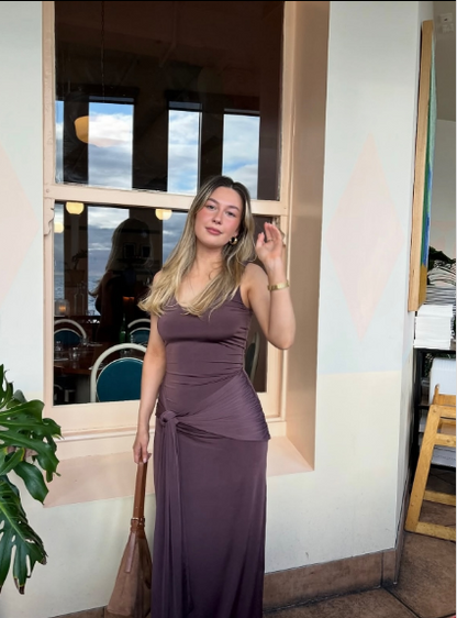 Simple Purple-Gray Spaghetti Strap Twist Satin Long Prom Dress Evening Dress cc5583