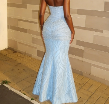 Luxurious Sparkling Light Blue Halter Mermaid Beaded Tulle Long Prom Dress Evening Dress cc5596
