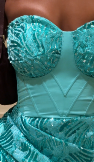 Vintage Lake Blue Strapless Beaded Jacquard Satin Long Prom Dress Evening Dress cc5594