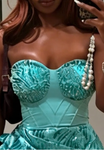 Vintage Lake Blue Strapless Beaded Jacquard Satin Long Prom Dress Evening Dress cc5594
