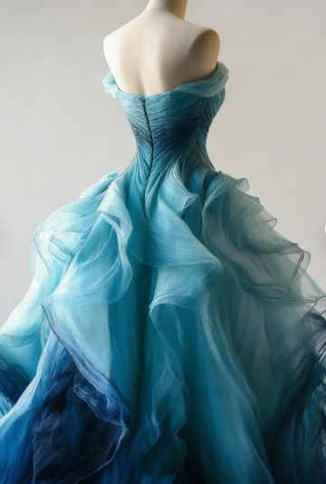 Vintage Ombre Blue Tulle Off The Shoulder Evening Dress,Formal Birthday Ball Gown cc2817