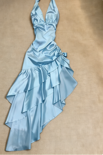 Sweet Pink Halter V-Neck Bow Ruffle Satin Prom Prom Birthday Dress cc5619
