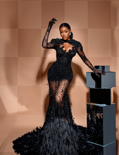 Gorgeous Black Mermaid Beaded Feathers Evening Gown,Formal Prom Party Dress cc2517