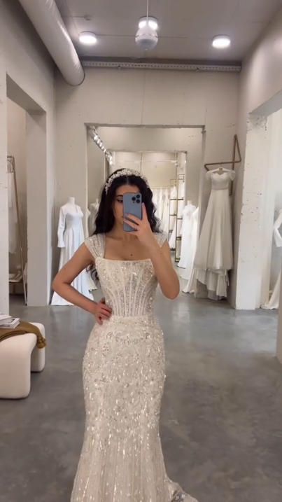 Elegant White Mermaid Square Neck Sequin Tulle Train Long Prom Dress Evening Dress cc5171