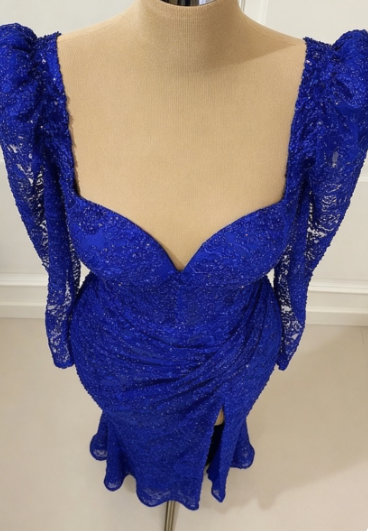 Royal Blue Vintage Prom Dress Long Sleeves Evening Dress c2732
