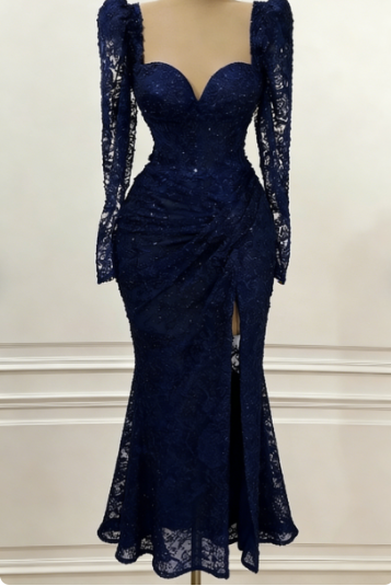 Royal Blue Vintage Prom Dress Long Sleeves Evening Dress c2732