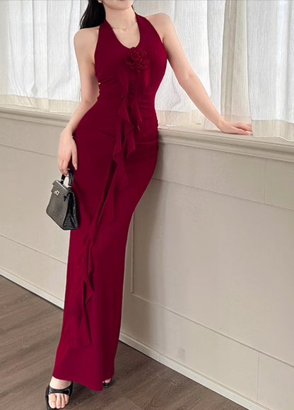 New Simple Red Halter Dress Elegant Party Evening Dress HZ1024
