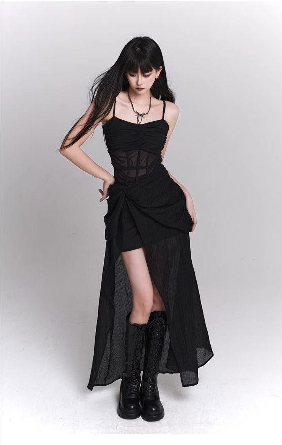 New Fashion Black Chiffon Spaghetti Strap Prom Dress Evening Dress HZ1024