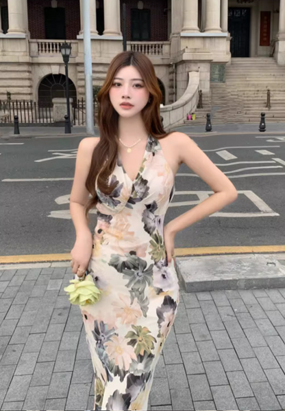 Stylish Elegant V-neck Floral Design Slim Halter Dress HZ1024