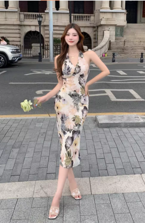 Stylish Elegant V-neck Floral Design Slim Halter Dress HZ1024