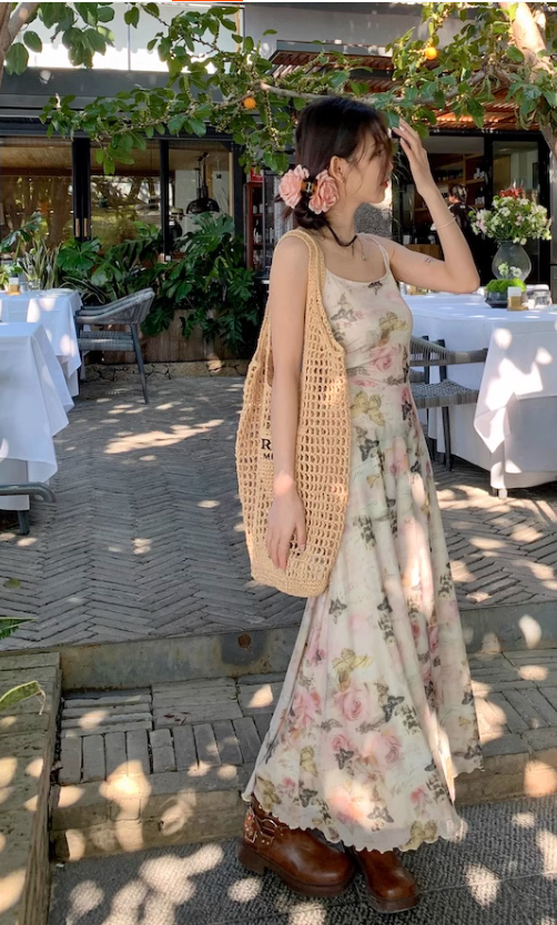 New Stylish Elegant Floral Design Spaghetti Strap Dress HZ1024