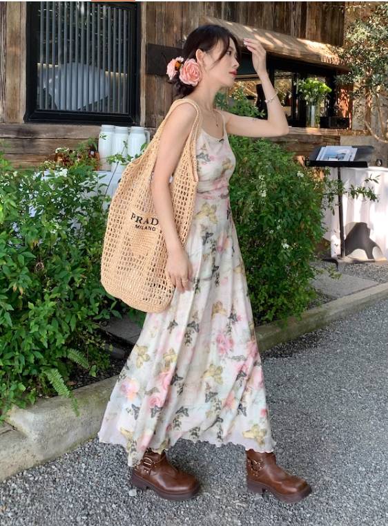 New Stylish Elegant Floral Design Spaghetti Strap Dress HZ1024