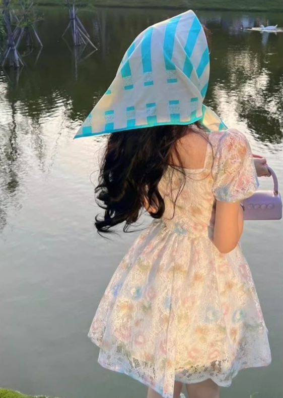 New Fashion Floral Design Lace Short Sleeve Puffy Dress HZ1024