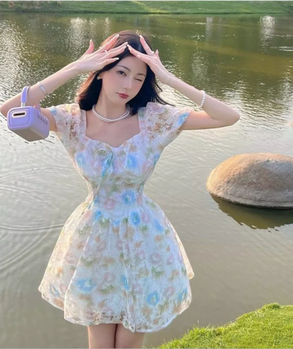 New Fashion Floral Design Lace Short Sleeve Puffy Dress HZ1024