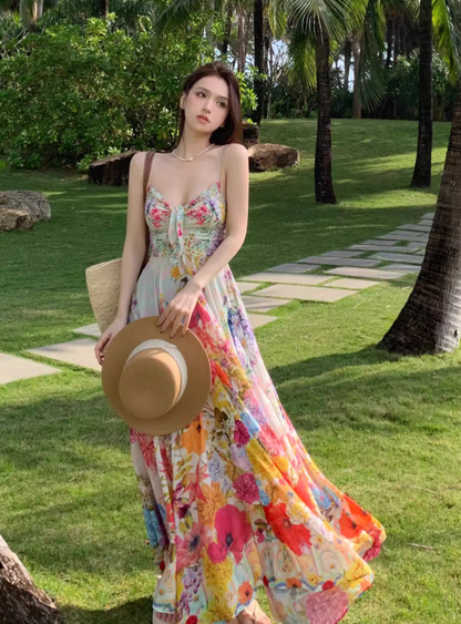 New Stylish Floral Design Beach Holiday Spaghetti Strap Dress HZ1024