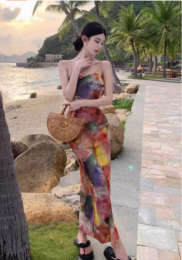 Simple New Painting Style Floral Design Elegant Beach Holiday Spaghetti Strap Dress HZ1024