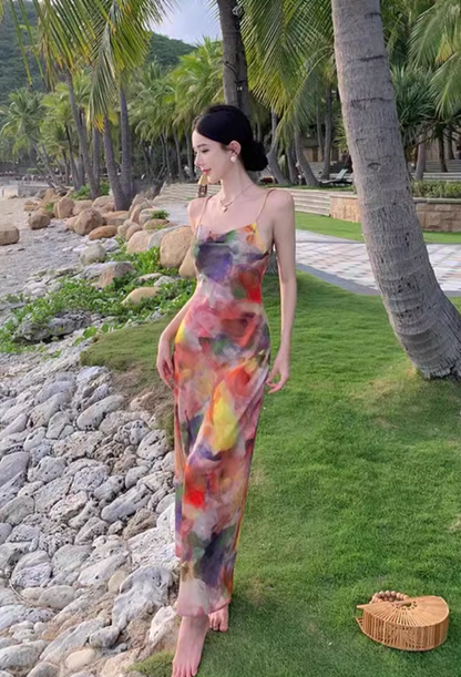 Simple New Painting Style Floral Design Elegant Beach Holiday Spaghetti Strap Dress HZ1024
