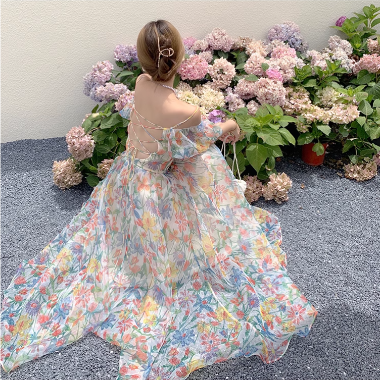 New Elegant Floral Design Puff Sleeves Princess Style Spaghetti Strap Dress HZ1024