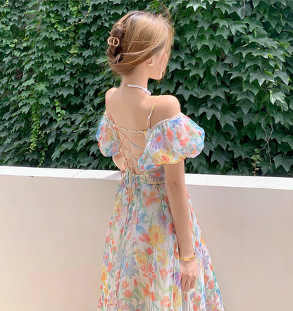 New Elegant Floral Design Puff Sleeves Princess Style Spaghetti Strap Dress HZ1024