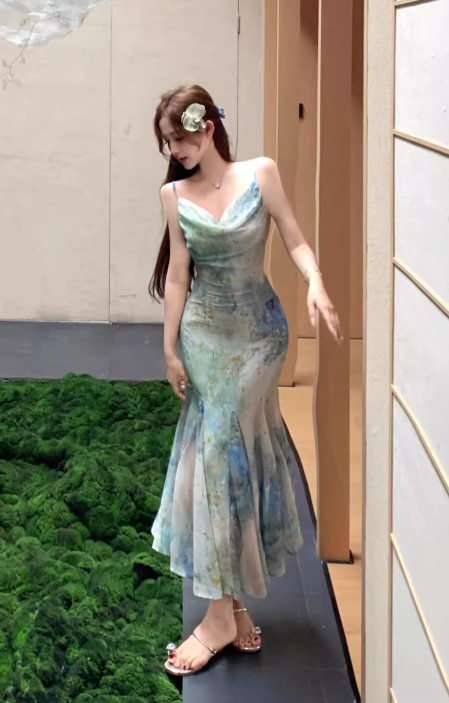 New Stylish Floral Design Elegant Casual Spaghetti Strap Dress HZ1024