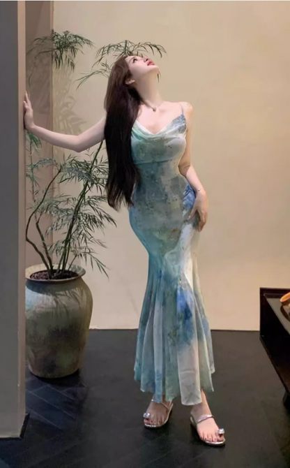 New Stylish Floral Design Elegant Casual Spaghetti Strap Dress HZ1024