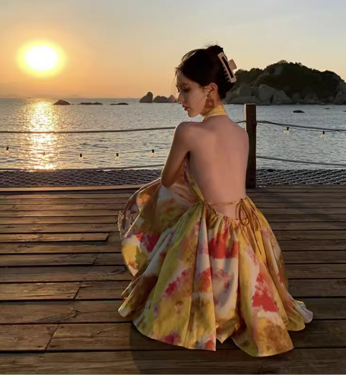 New Stylish Yellow Floral Design A-Line Halter Dress HZ1024