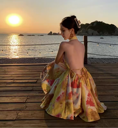 New Stylish Yellow Floral Design A-Line Halter Dress HZ1024