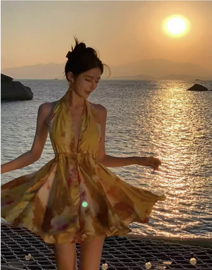 New Stylish Yellow Floral Design A-Line Halter Dress HZ1024
