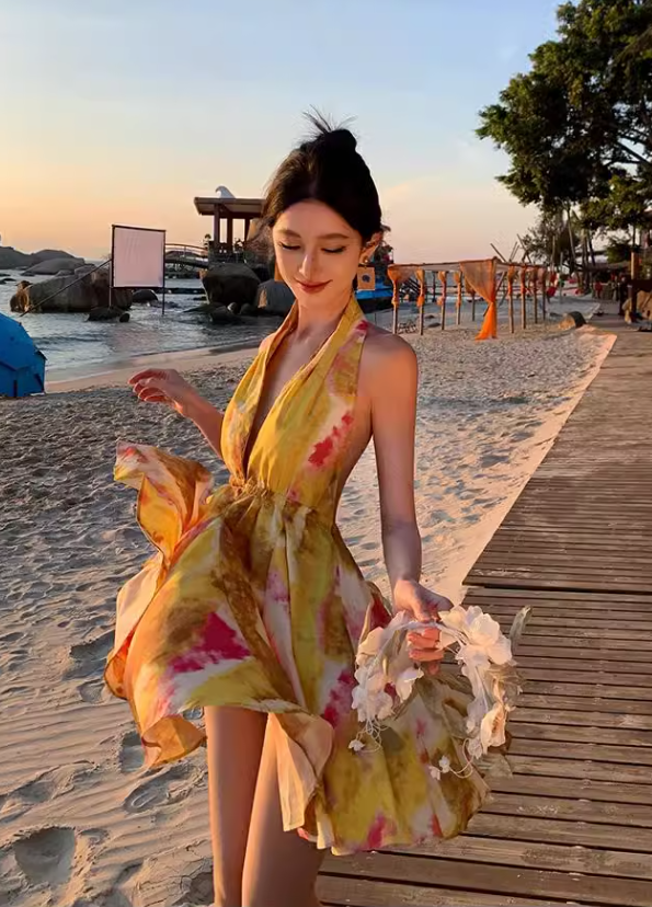 New Stylish Yellow Floral Design A-Line Halter Dress HZ1024