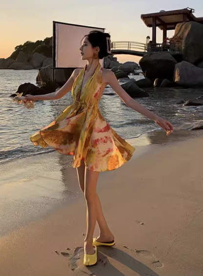 New Stylish Yellow Floral Design A-Line Halter Dress HZ1024