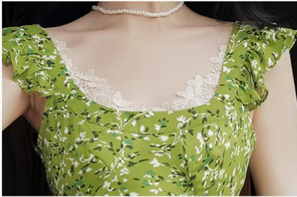Vintage Simple Elegant Green Floral Design Beach Holiday Women Long Dress HZ1024