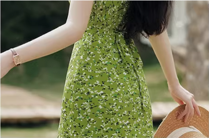 Vintage Simple Elegant Green Floral Design Beach Holiday Women Long Dress HZ1024